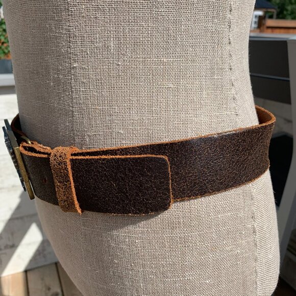 Vintage Y2K Distressed Brown Leather Brass Silver Eagle Buckle Waist Belt - Picture 5 of 16